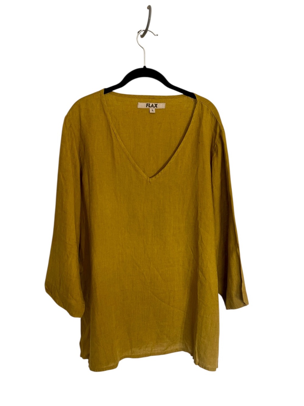 Flax linen mustard v neck relaxed tunic top sz large lagenlook minimalist boho